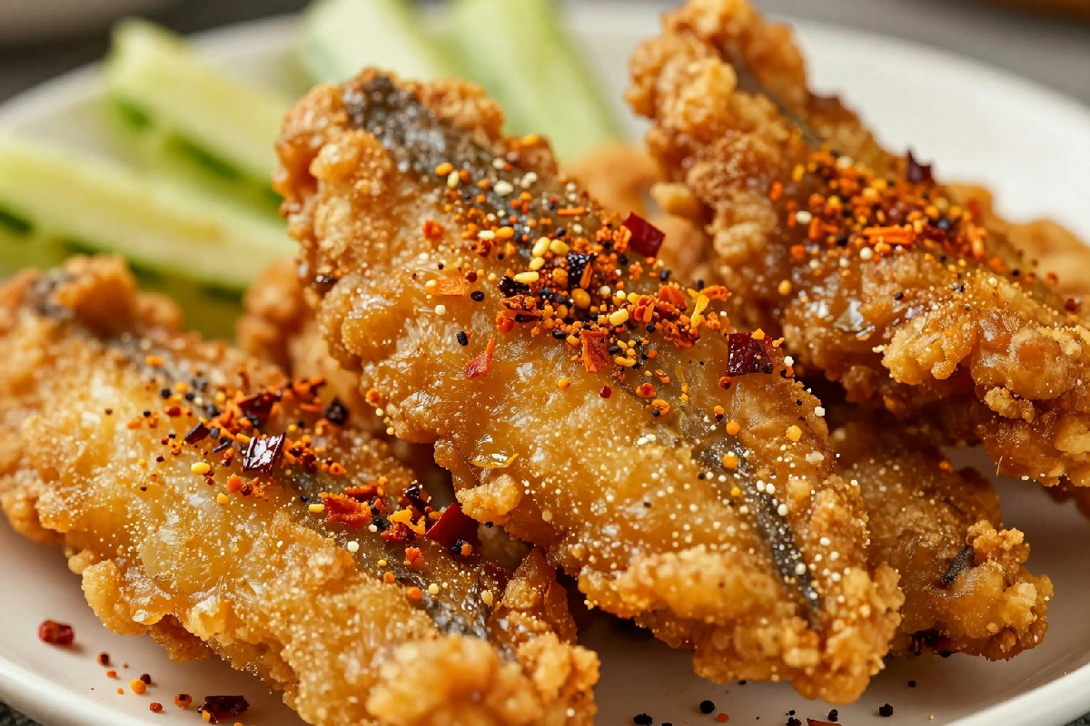 Triglie fresche impanate con spezie piccanti, accompagnate da salsa e contorni vari