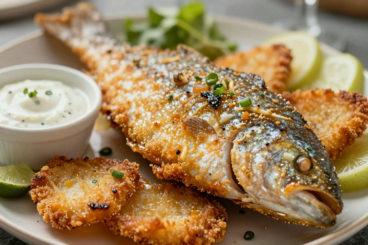 Triglie fresche in panatura piccante servite con salsa di accompagnamento e contorni assortiti